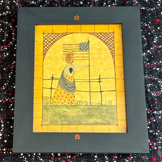 1986 Vintage Framed Primitive Folk Art - Country Lady Liberty Signed by Linda Beazley