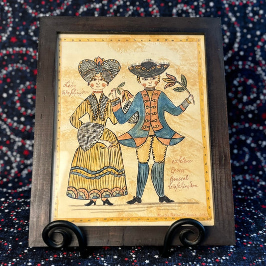 1982 Framed Vintage Primitive Folk Art - George and Martha Washington