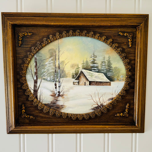 Vintage Countryside Painting of Barn in Winter - Signed by Kathy Redfern