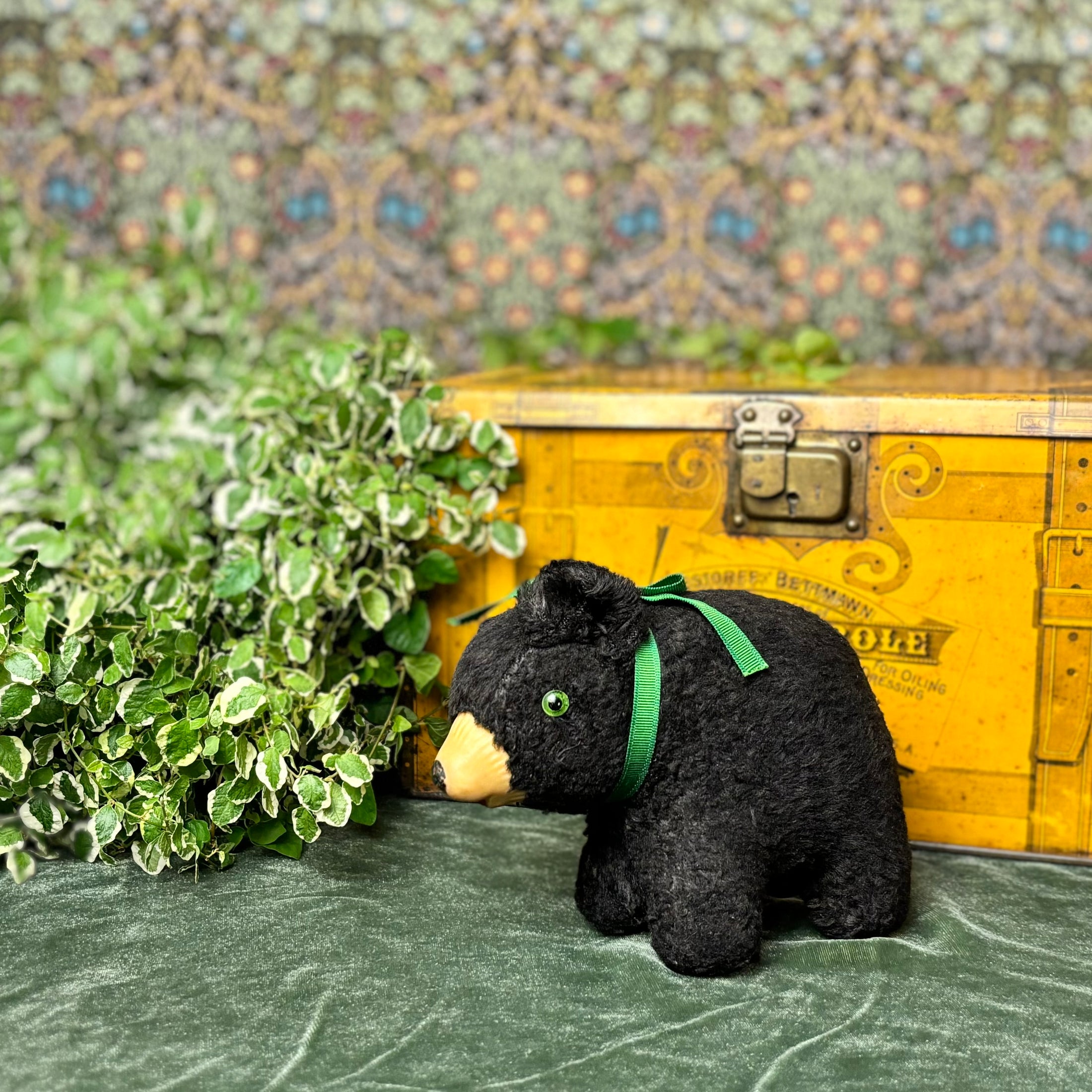 1960's Vintage Stuffed Yellowstone Black Bear with Green Bow