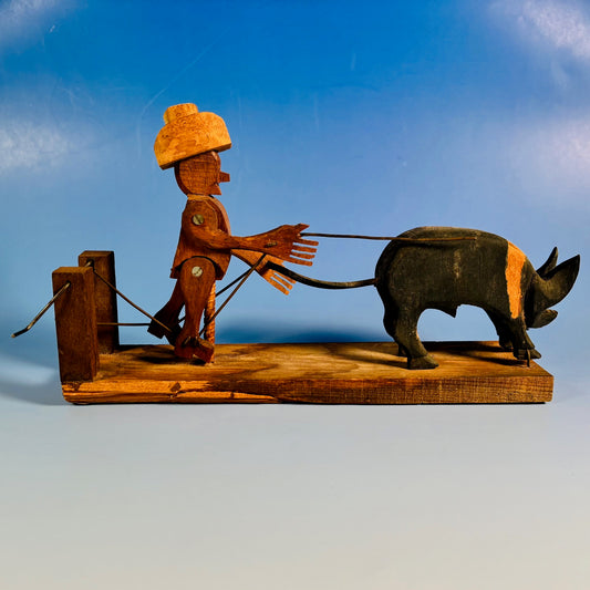 Vintage Primitive Bouncing Pig and Farmer Crank Sculpture - Circa 1950's