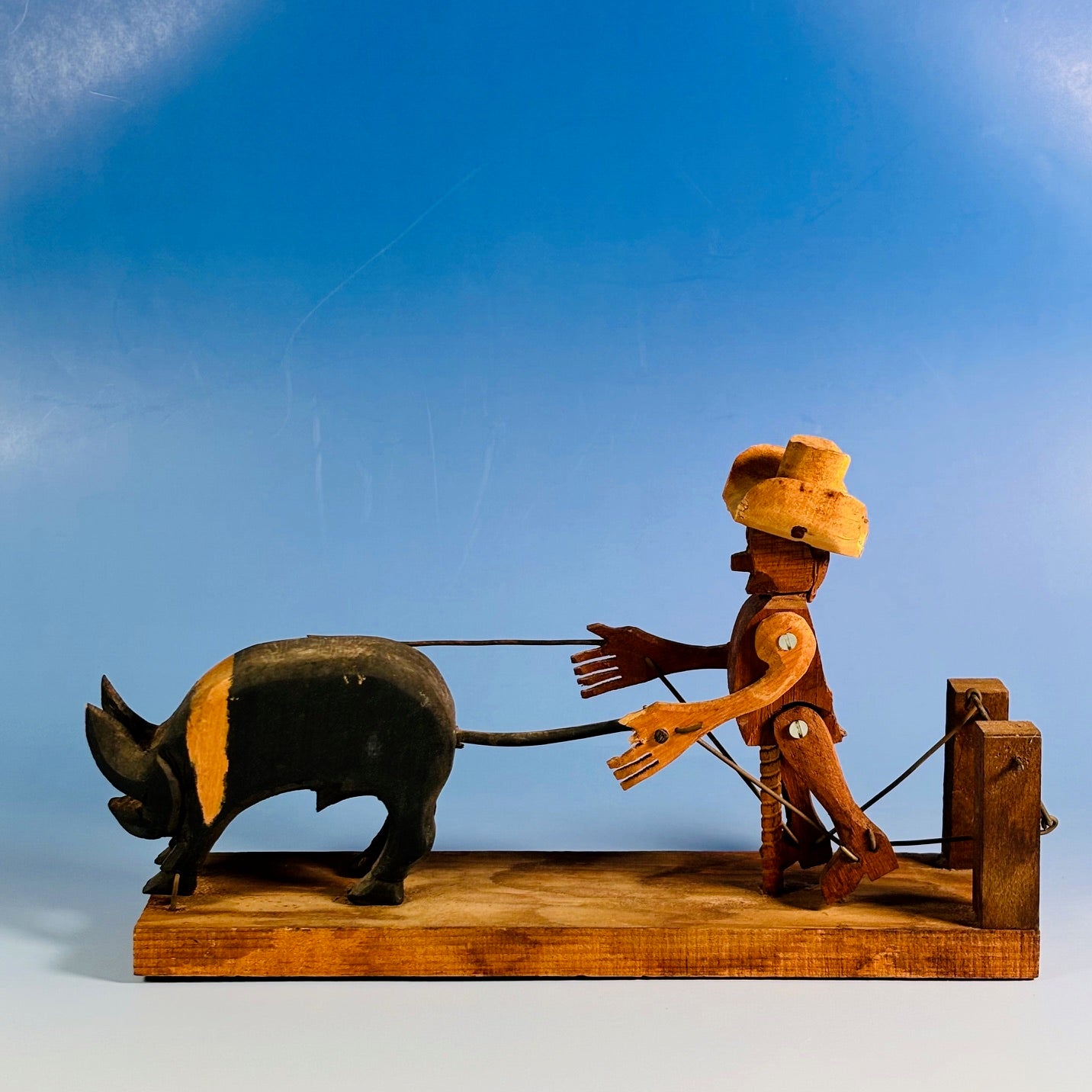 Vintage Primitive Bouncing Pig and Farmer Crank Sculpture - Circa 1950's