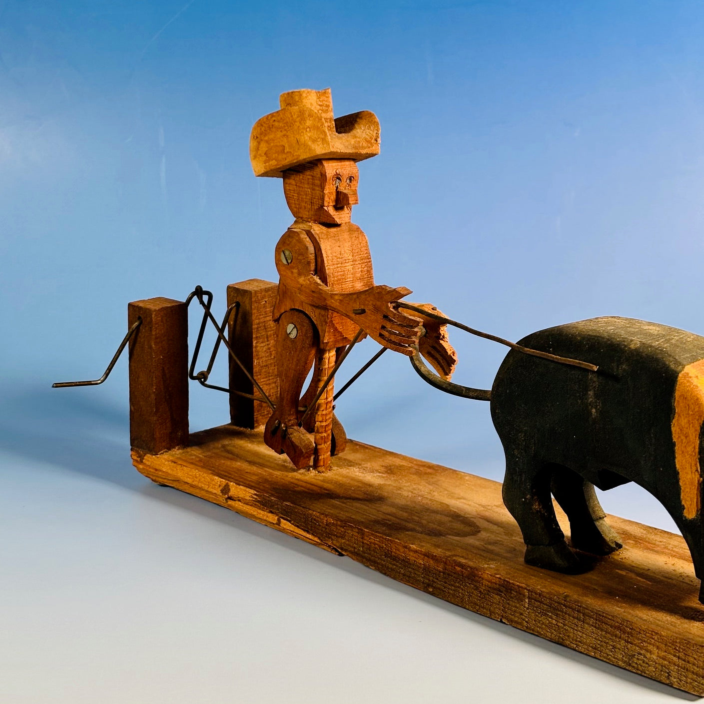 Vintage Primitive Bouncing Pig and Farmer Crank Sculpture - Circa 1950's